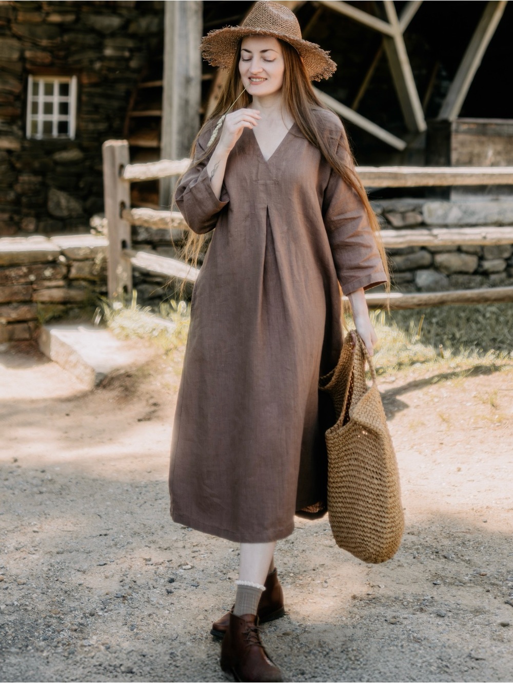 Women's V-Neck Brown Linen Midi Dress